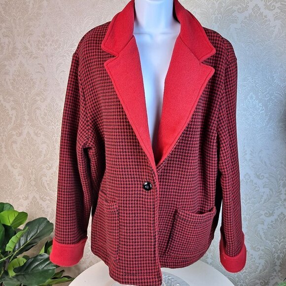 Willow Ridge Red and Black Houndstooth Patterned Jacket 1 Button Closure EUC - Picture 1 of 10